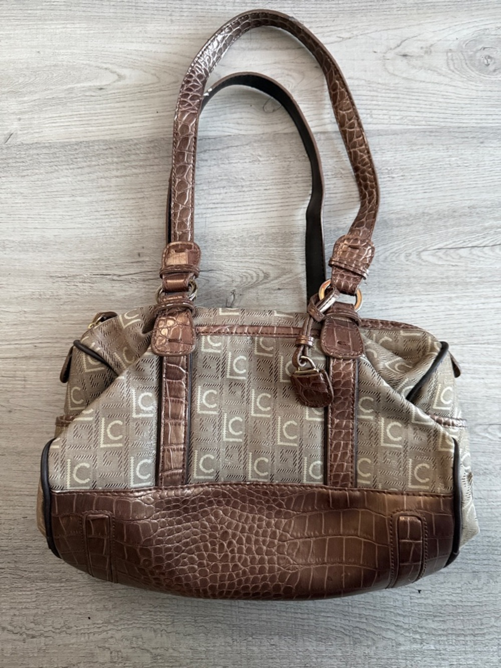 Liz Claiborne Brown Monogram Faux Leather Croc-Trim Handbag/ Shoulder Bag